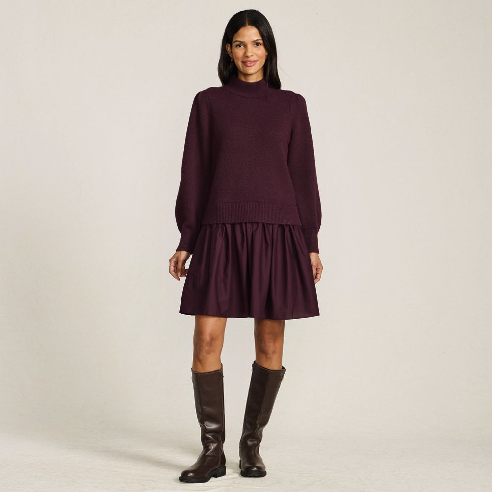 Women's Fuzzy Lantern Sleeve Mock Neck Mini Twofer Dress | Lands' End