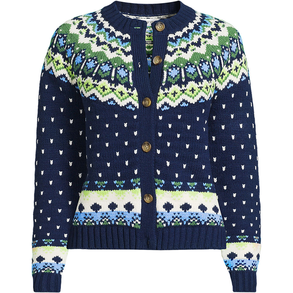 Lofty Fair Isle Cardigan, Women, size: 2XL, plus, Blue, Acrylic/Worsted Wool/Cotton-blend, by Lands' End