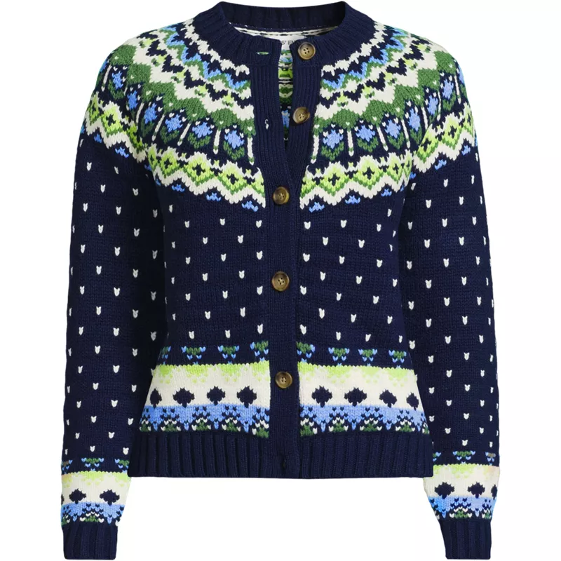 Women's Plus Size Lofty Birdseye Fair Isle Cardigan Sweater, Front