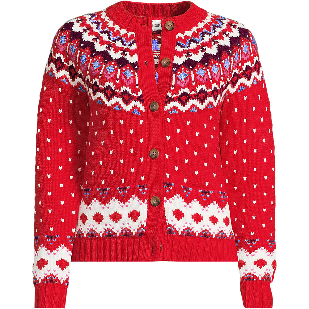Lofty Fair Isle Cardigan, Women, size: 1XL, plus, Red, Acrylic/Worsted Wool/Cotton-blend, by Lands' End