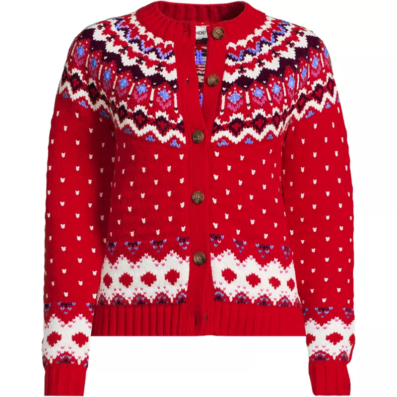 Women's Plus Size Lofty Birdseye Fair Isle Cardigan Sweater, Front