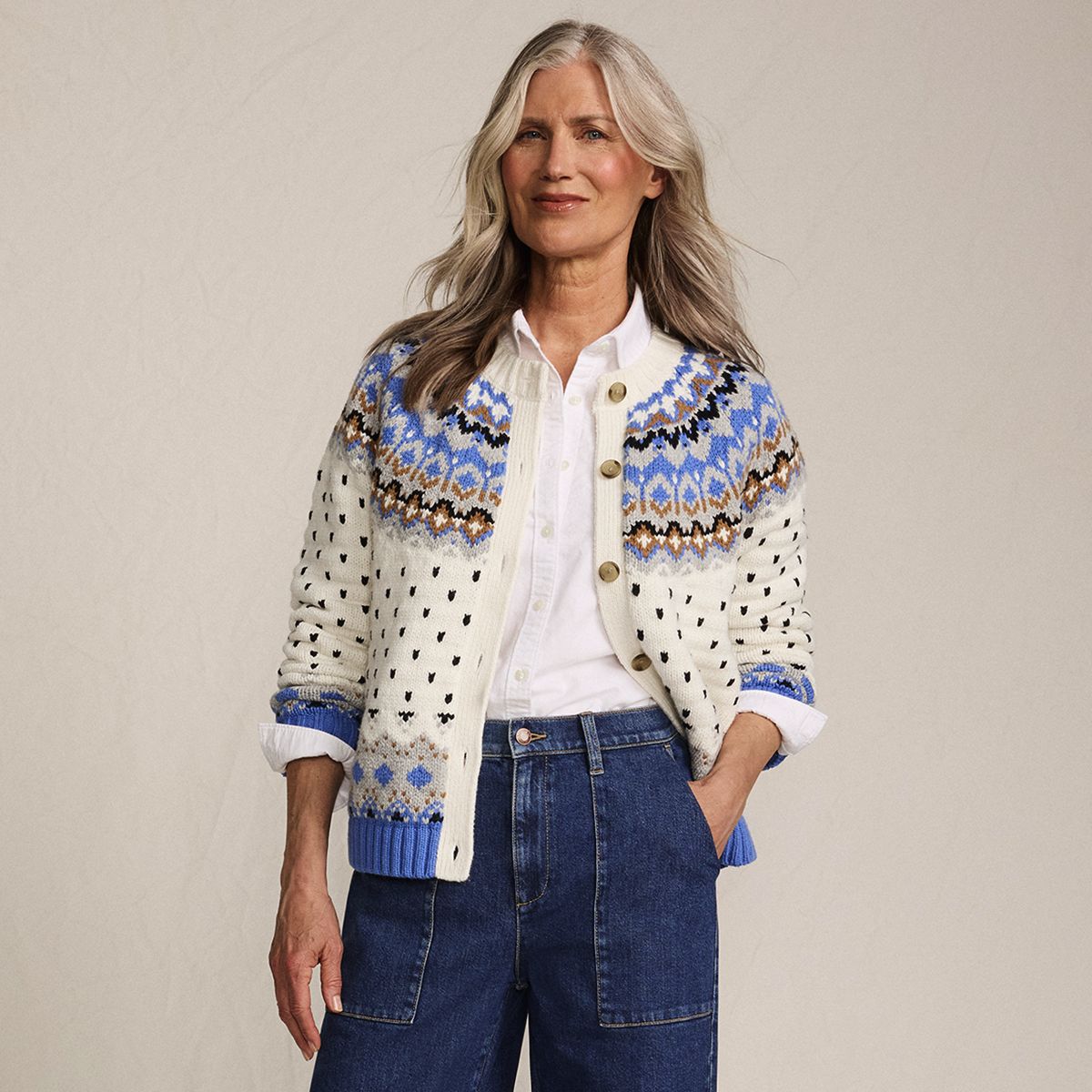 英国製LANDS’ END コットンニット L ラベンダー#767 Women's Lofty Birdseye Fair Isle Cardigan Sweater | Lands' End