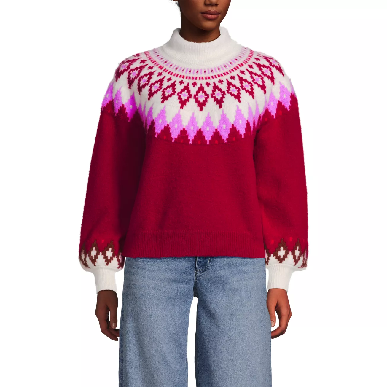 Women's Fuzzy Turtleneck Lantern Sleeve Jacquard Sweater