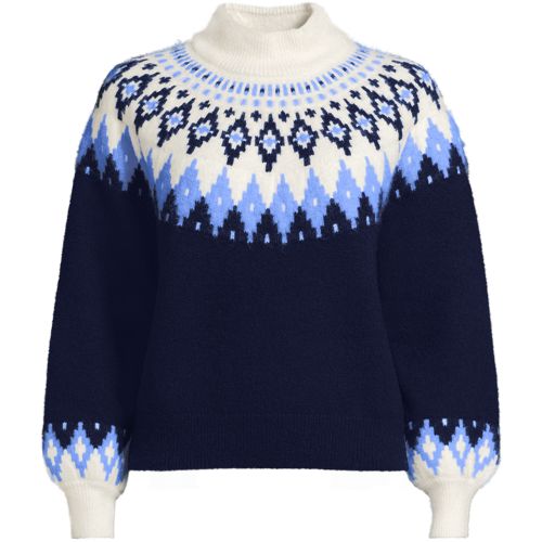 Lofty Fair Isle Balloon Sleeve Jumper, Women, size: 3XL, plus, Blue, Poly-blend/Nylon-blend, by Lands' End