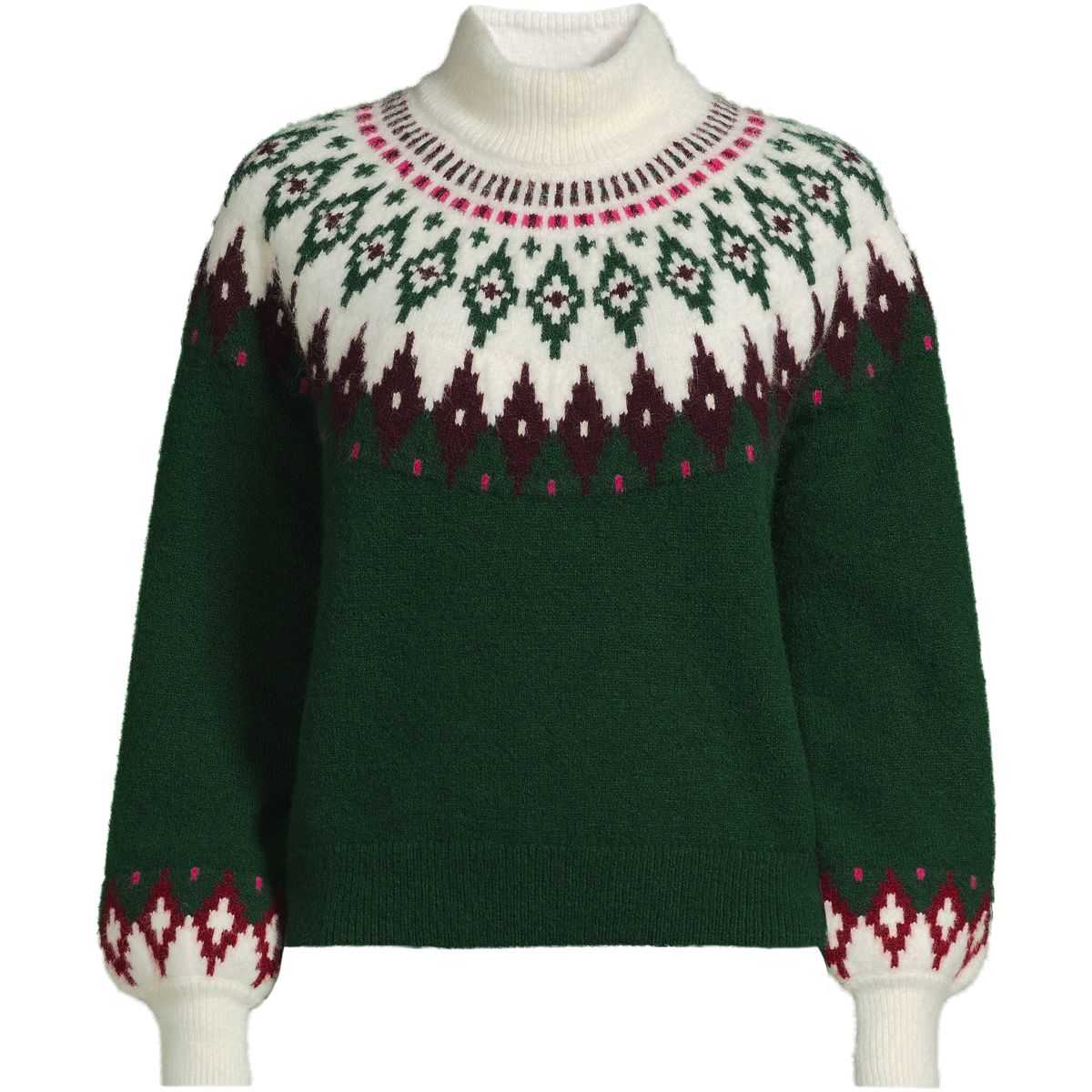 Women's Fuzzy Turtleneck Lantern Sleeve Jacquard Sweater