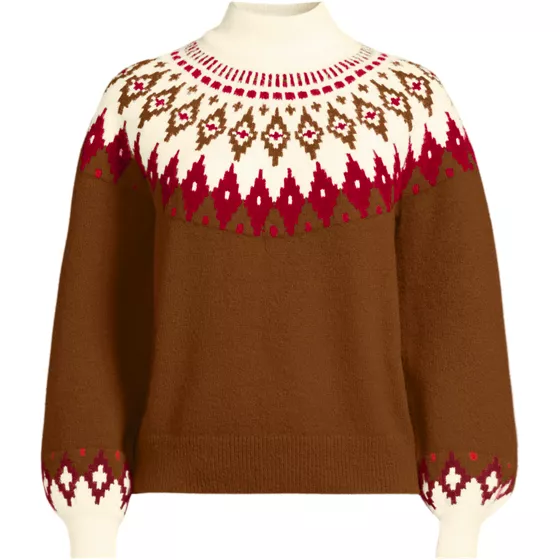 Women's Fuzzy Turtleneck Lantern Sleeve Jacquard Sweater - primary