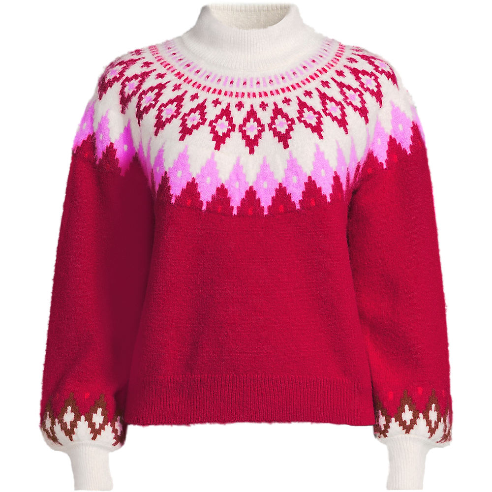 Lofty Fair Isle Balloon Sleeve Jumper, Women, size: 2XL, plus, Red, Poly-blend/Nylon-blend, by Lands' End