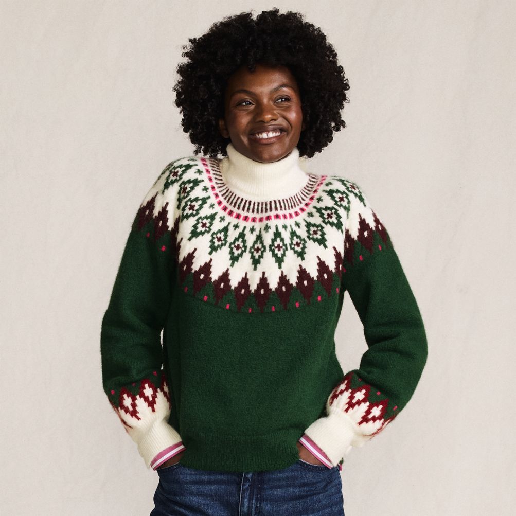 Women's Fuzzy Turtleneck Lantern Sleeve Jacquard Sweater | Lands' End