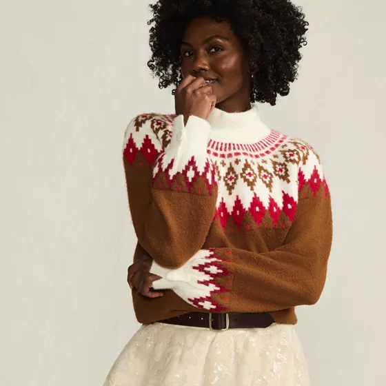 Women's Fuzzy Turtleneck Lantern Sleeve Jacquard Sweater - primary
