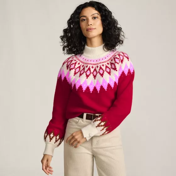 Women's Fuzzy Turtleneck Lantern Sleeve Jacquard Sweater - primary
