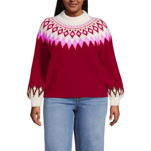  Lands' End Flauschiger Fair Isle Pullover Mit Ballonärmeln, Damen, Größe:48-50 Plus, Rot, Polyester-mischung/nylon-mischung, By Lands' End 