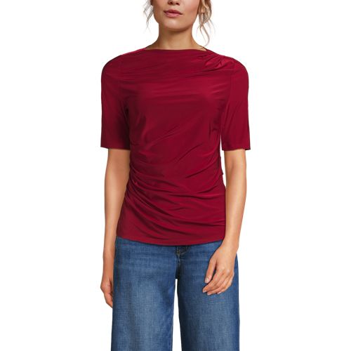  Lands' End Silk Knit Gerafftes Shirt Mit Ellbogenlangen ärmeln, Damen, Größe:36-38 Regular, Rot, Polyester-mischung, By Lands' End 