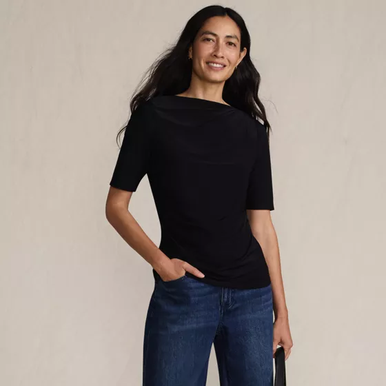 Women's Elbow Sleeve Silky Knit Ruched Top - primary