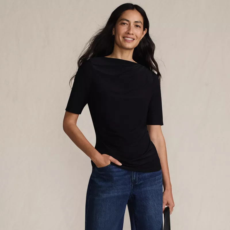 Women's Elbow Sleeve Silky Knit Ruched Top, alternative image