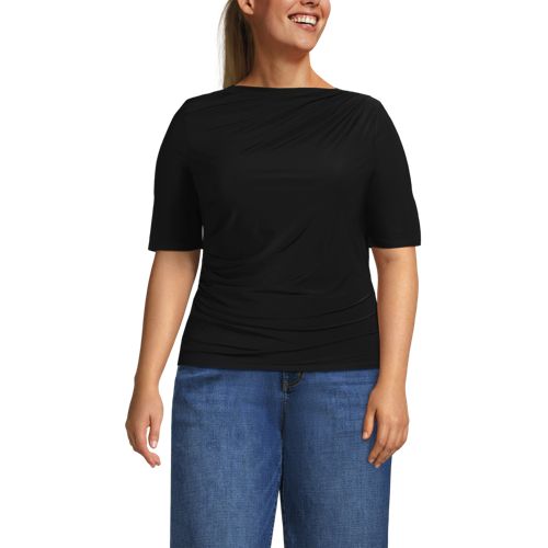  Lands' End Silk Knit Gerafftes Shirt Mit Ellbogenlangen ärmeln, Damen, Größe:48-50 Plus, Schwarz, Polyester-mischung, By Lands' End 
