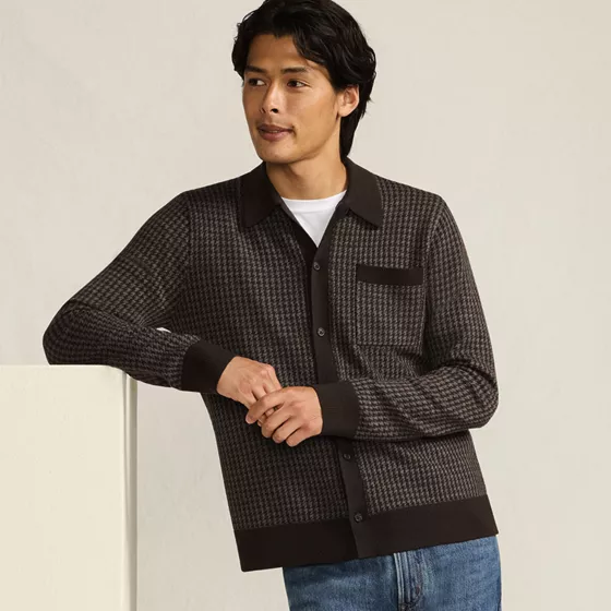 Men's Long Sleeve Washable Merino Button Through Sweater Polo - primary