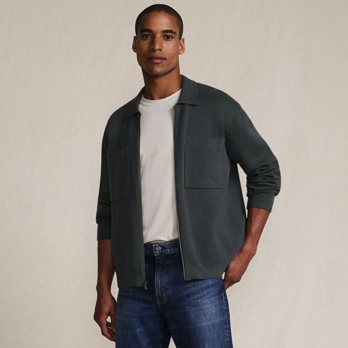 Fine Gauge Cotton Zipped Cardigan, Men, size: L, regular, Grey, Cotton, by Lands' End