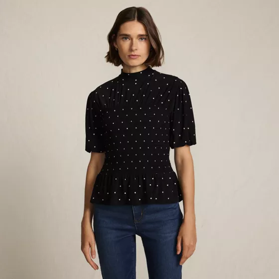 Women's Bubble Sleeve Silky Knit Smocked Mock Neck Top - primary