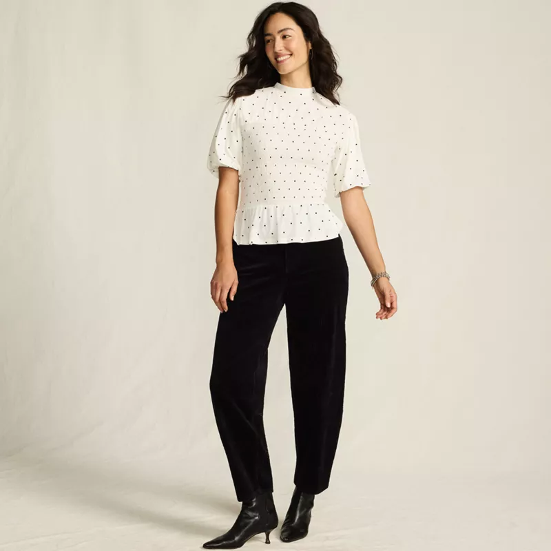 Women's Bubble Sleeve Silky Knit Smocked Mock Neck Top, alternative image