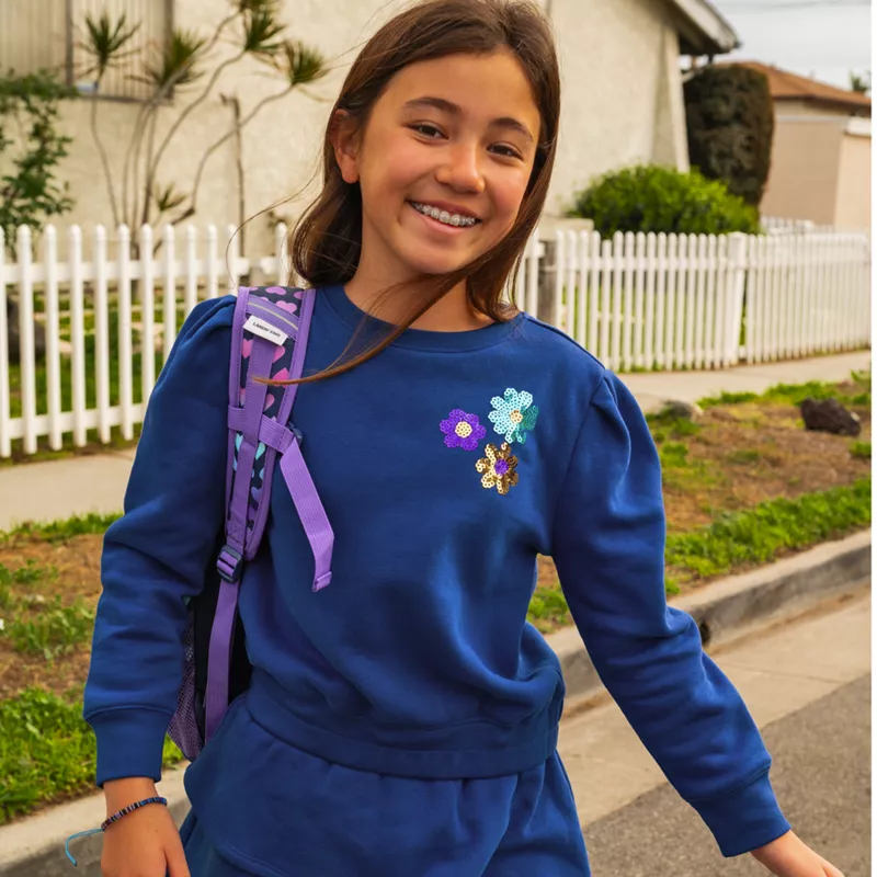 Girls Puff Shoulder Crew Neck Sweatshirt, alternative image