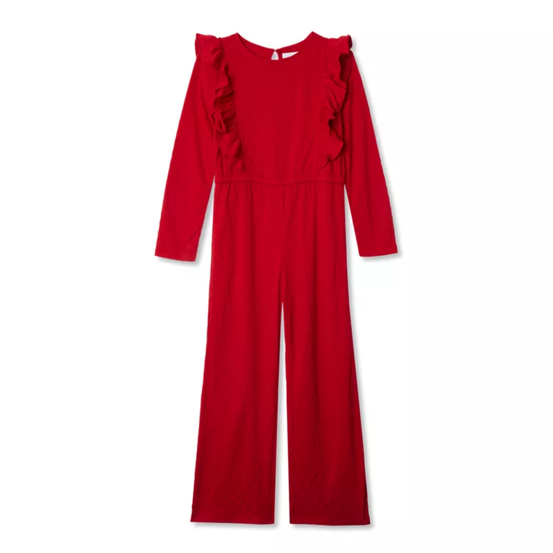 Girls Long Sleeve Ruffle Knit Jumpsuit, alternative image