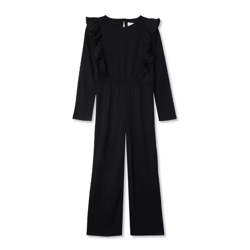 Girls Long Sleeve Ruffle Knit Jumpsuit, alternative image