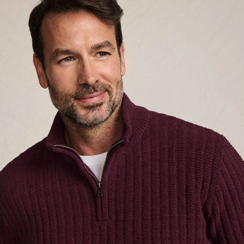 Chenille Stitch Quarter Zip Sweater, Men, size: L, regular, Red, Polyester/Nylon, by Lands' End