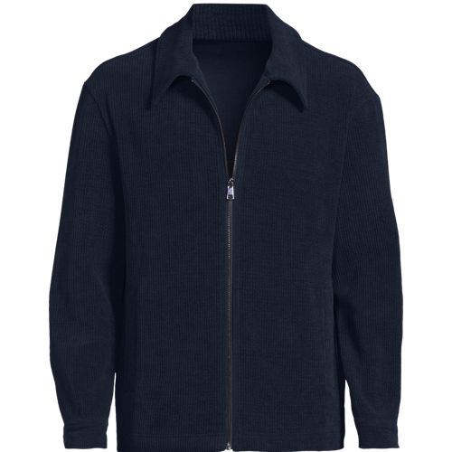 Zip Front Soft Velour Shacket, Men, size: L, regular, Blue, Polyester/Poly-blend, by Lands' End