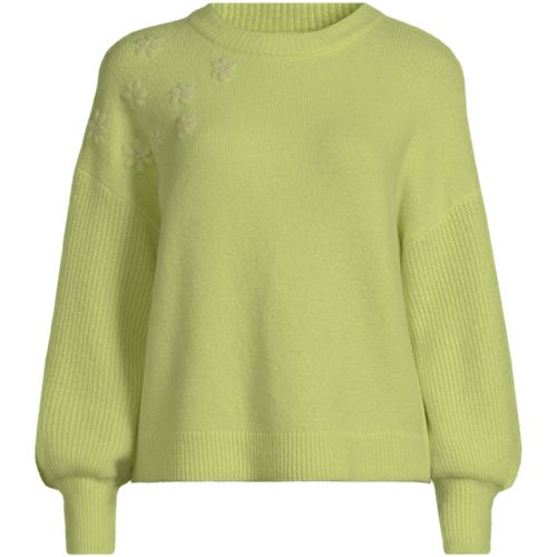 Wool Touch Balloon Sleeve Sweater with Flowers on Shoulder, Women, size: S, petite, Green, Wool/Polyester/Viscose, by Lands' End
