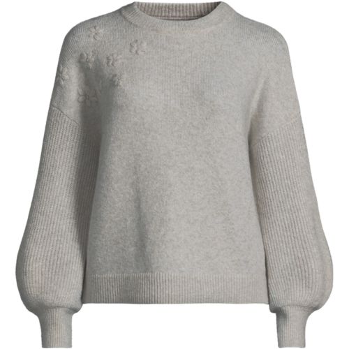 Wool Touch Balloon Sleeve Sweater with Flowers on Shoulder, Women, size: S, petite, Ivory, Wool/Polyester/Viscose, by Lands' End
