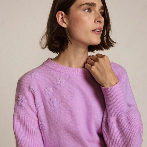 Wool Touch Balloon Sleeve Sweater with Flowers on Shoulder, Women, size: S, petite, Purple, Wool/Polyester/Viscose, by Lands' End