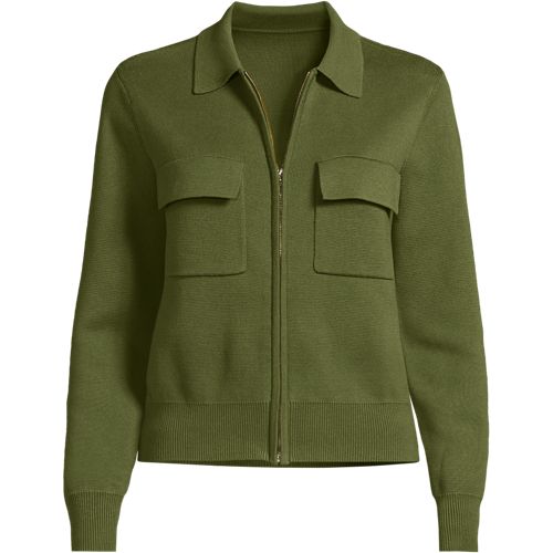 Front Zip Fine Gauge Knit Blazer, Women, size: XS, regular, Green, Cotton, by Lands' End