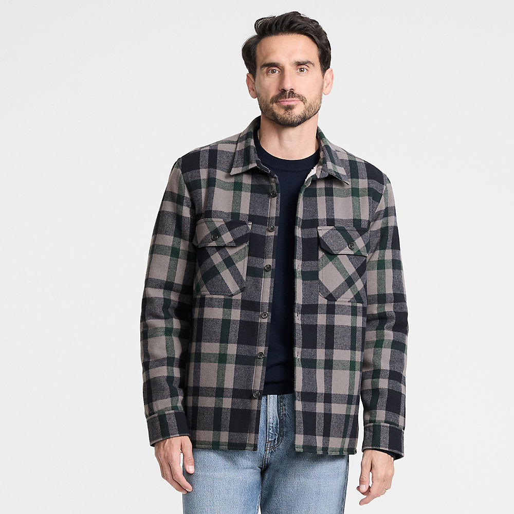 Borg Lined Checked Shacket, Men, size: S, regular, Blue, Polyester, by Lands' End