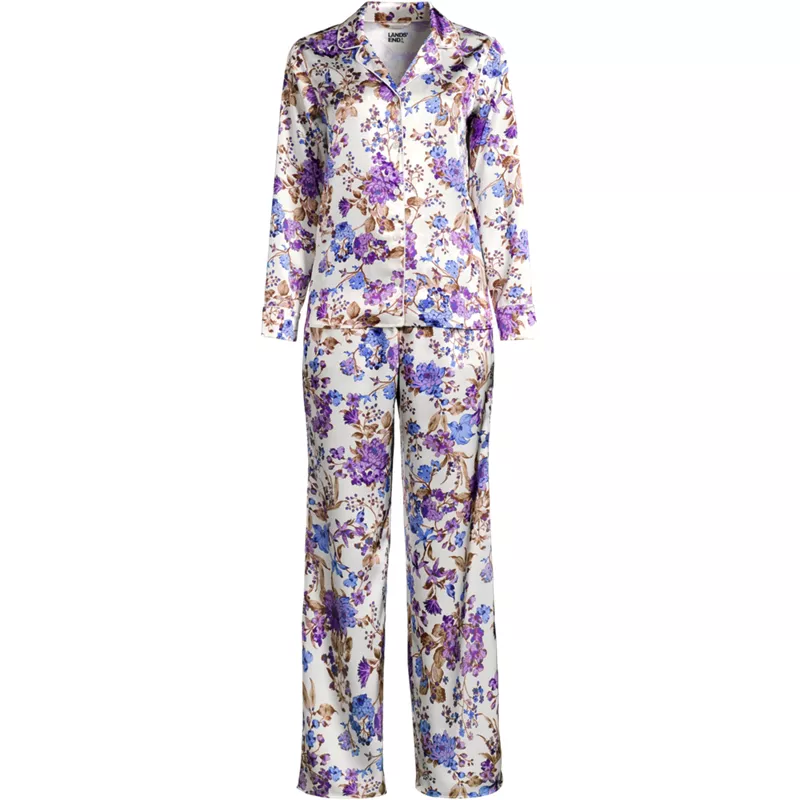 Women's Satin 2 Piece Pajama Set - Long Sleeve Top and Wide Leg Pants, Front