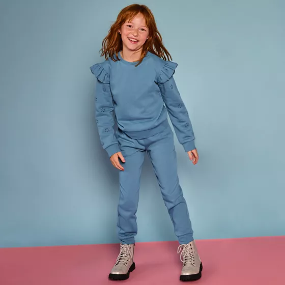 Girls Long Sleeve Cozy Fleece Ruffle Eyelet Sweatshirt - primary