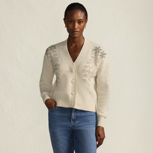  Lands' End Bestickter Cardigan Mit V-ausschnitt, Damen, Größe:32-34 Petite, Weiß, Polyester/polyacryl/polyester-mischung, By Lands' End 