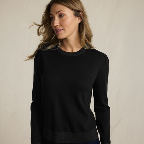 Lurex Merino Crew Neck Sweater, Women, size: S, petite, Black, Wool, by Lands' End