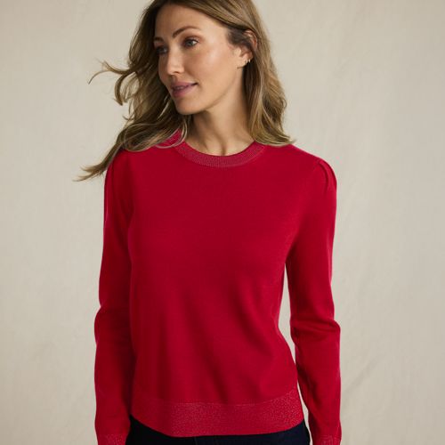Merino Crew Neck Jumper, Shimmer Trims, Women, size: XL, regular, Red, Wool, by Lands' End