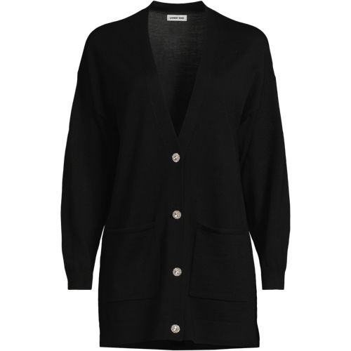 Merino Diamante Button Cardigan, Women, size: S, regular, Black, Wool, by Lands' End
