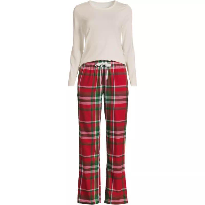 Women's Plus Size Pajama Gift Set - Knit Long Sleeve Top and Flannel Pants, Front