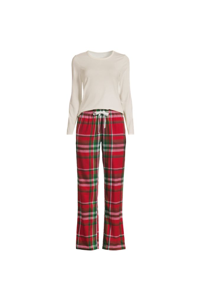 Women's Plus Size Pajama Gift Set - Knit Long Sleeve Top and Flannel Pants - Lands' End - Red - 1X