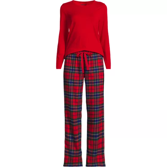 Women's Plus Size Pajama Gift Set - Knit Long Sleeve Top and Flannel Pants - primary