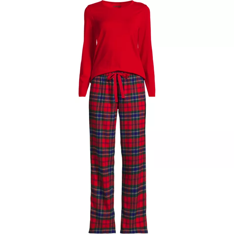 Women's Plus Size Pajama Gift Set - Knit Long Sleeve Top and Flannel Pants, Front