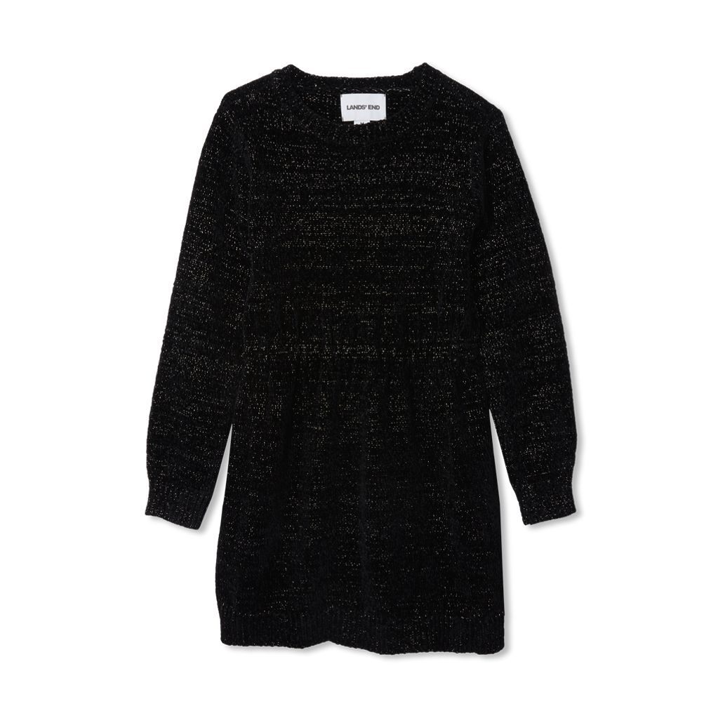 Girls Chenille Cinched Waist Sweater Dress - Lands' End - Black - XXS