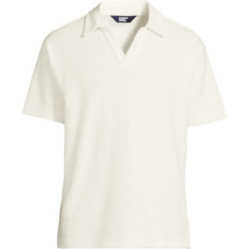Textured Johnny Collar Polo Shirt, Men, size: M, regular, White, Cotton/Polyester, by Lands' End