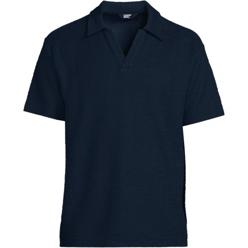 Textured Johnny Collar Polo Shirt, Men, size: S, regular, Blue, Cotton/Polyester, by Lands' End