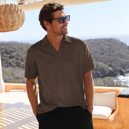 Textured Johnny Collar Polo Shirt, Men, size: M, regular, Brown, Cotton/Polyester, by Lands' End