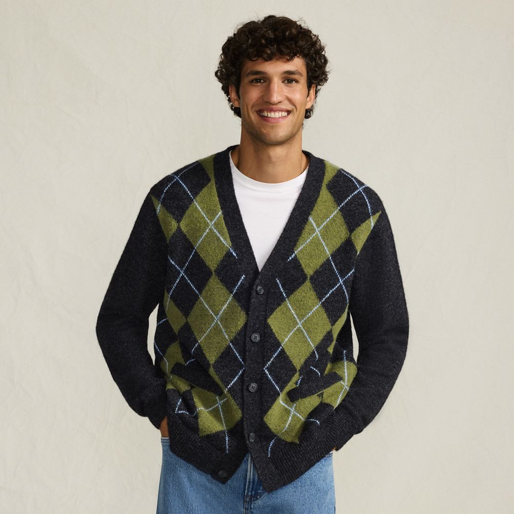 Men's Long Sleeve Fuzzy Argyle Cardigan Sweater | Lands' End