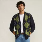 Men's Long Sleeve Fuzzy Argyle Cardigan Sweater