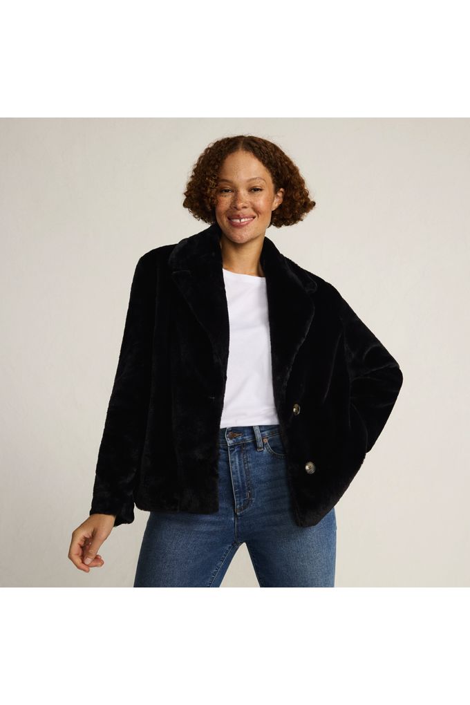 Women's Faux Fur Jacket - Lands' End - Black - L
